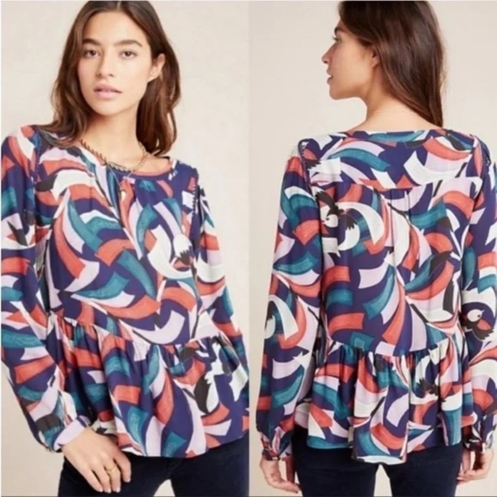 Maeve Cheyenne Top Blouse Peplum Anthropologie Bird Print Crochet Trim Medium